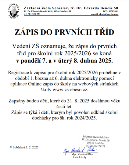 Zápisy do prvních tříd ZŠ